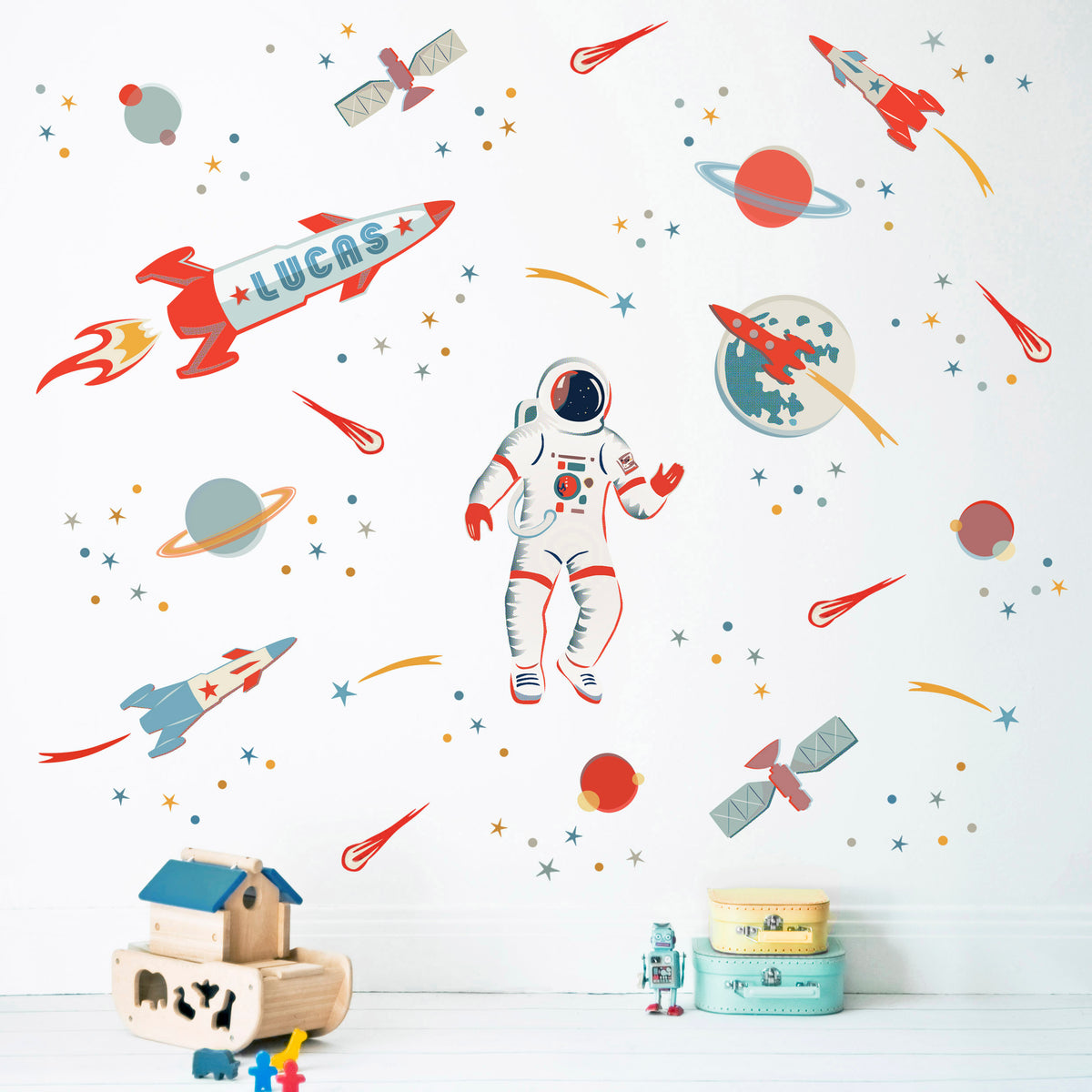 Personalized Astronaut and Space Rockets Wall Sticker