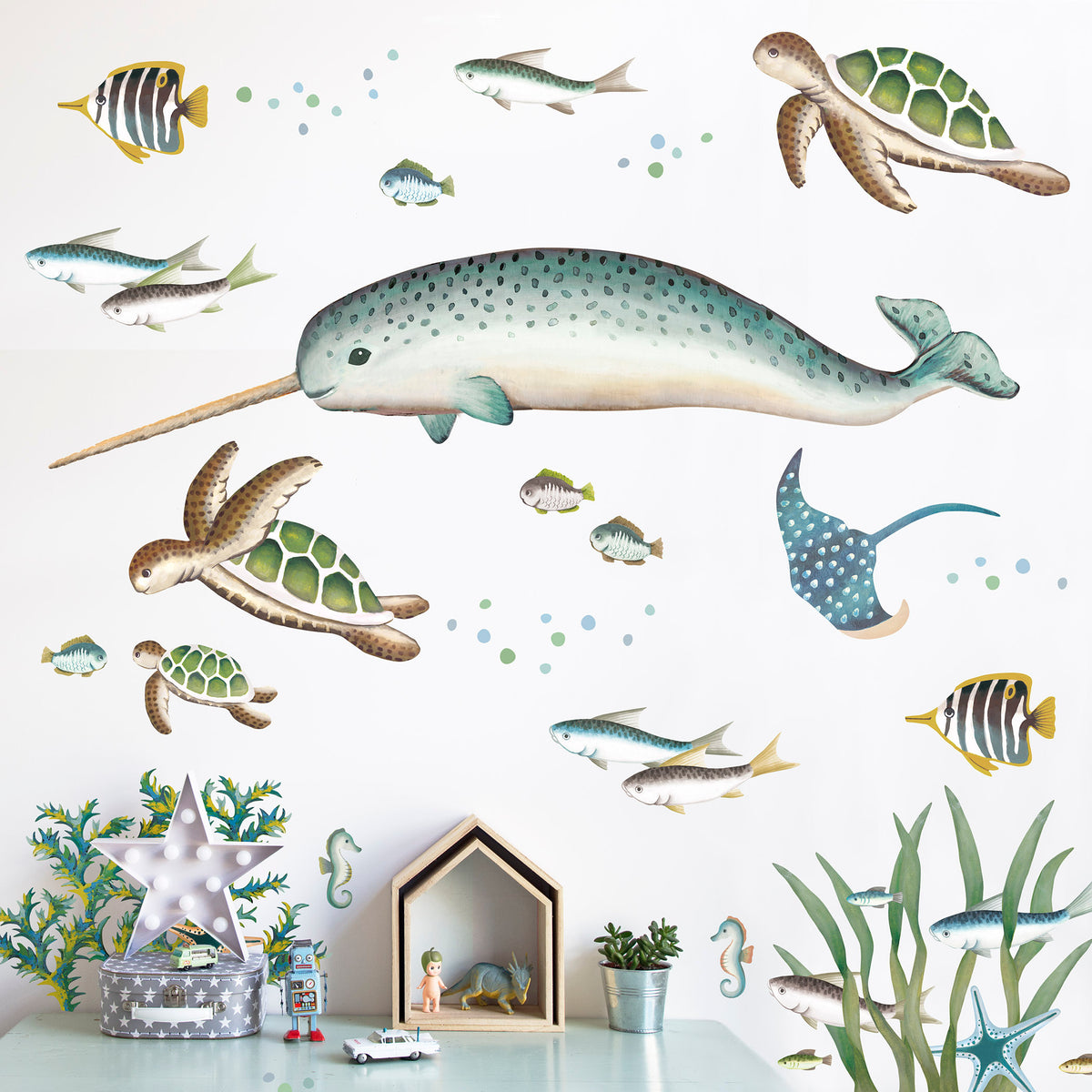 Whale, Narwhal, Turtles and Fish ~ Ocean Scene Wall Stickers