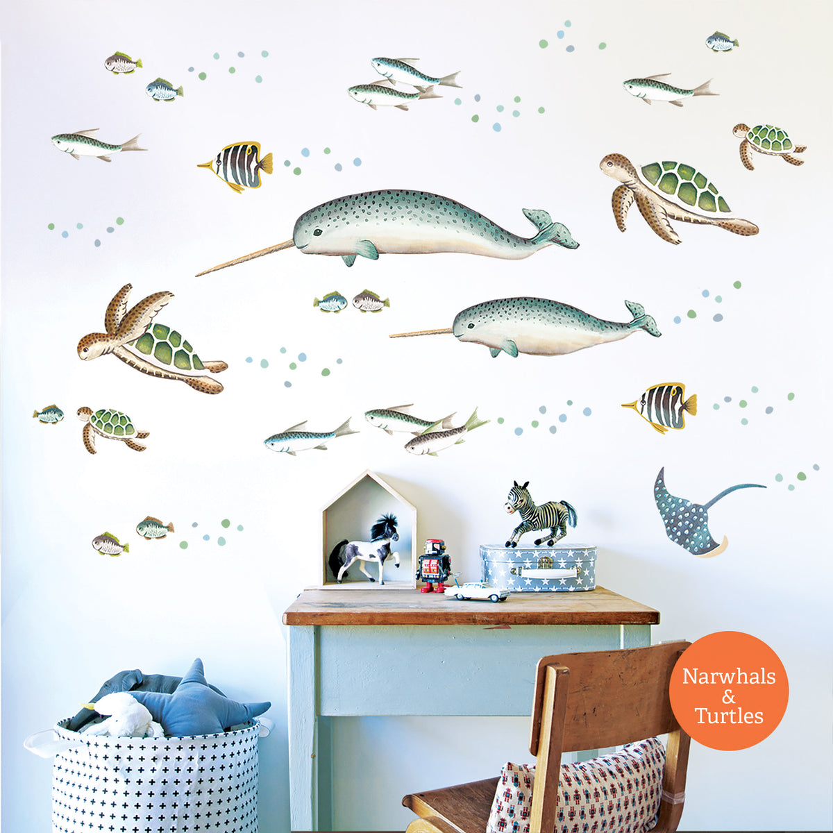 Whale, Narwhal, Turtles and Fish ~ Ocean Scene Wall Stickers