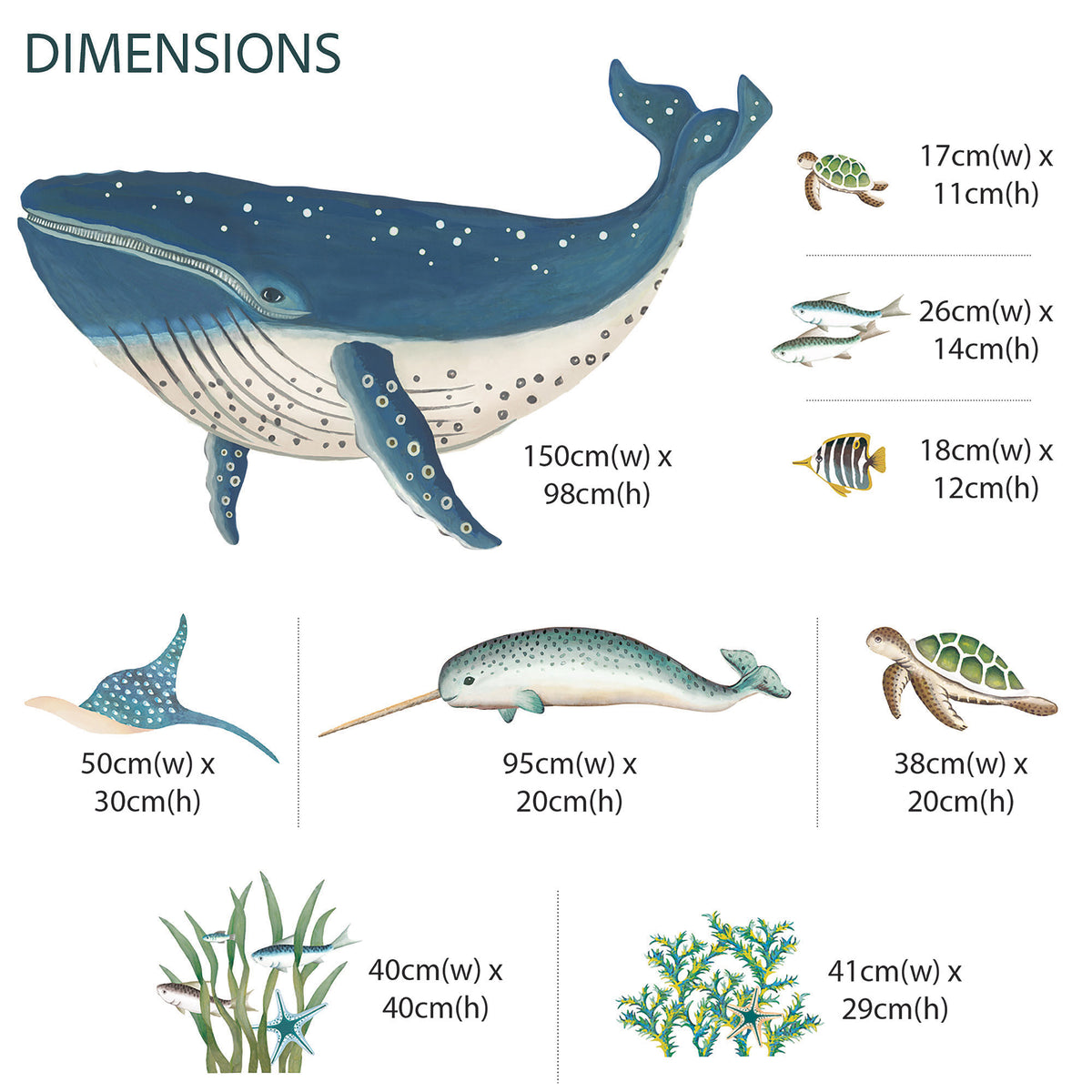 Whale, Narwhal, Turtles and Fish ~ Ocean Scene Wall Stickers