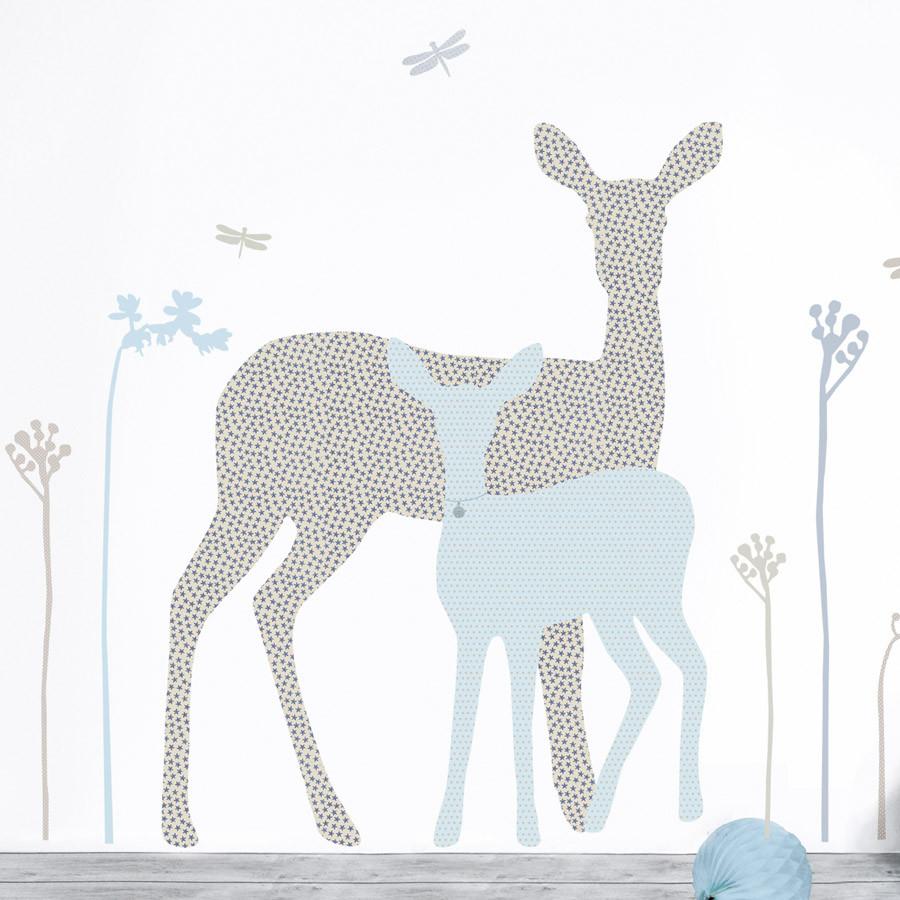 Deer &amp; Fawn in Baby Blue &amp; Grey