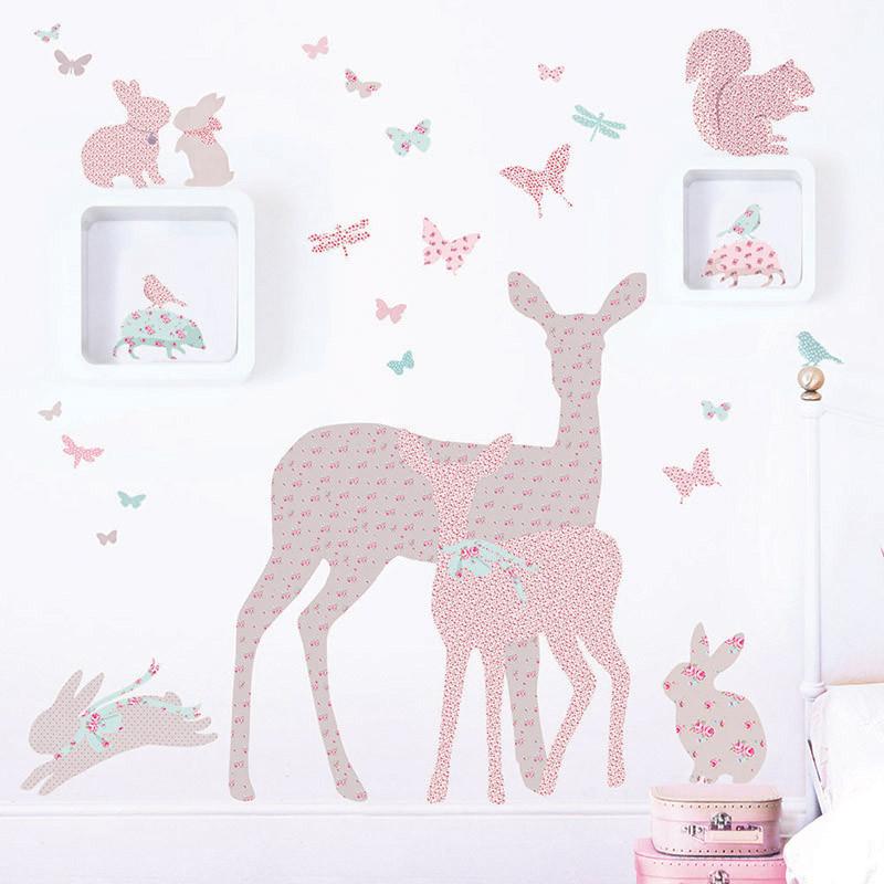 Deer, Fawn and Woodland Animals Wall Sticker in Vintage Floral