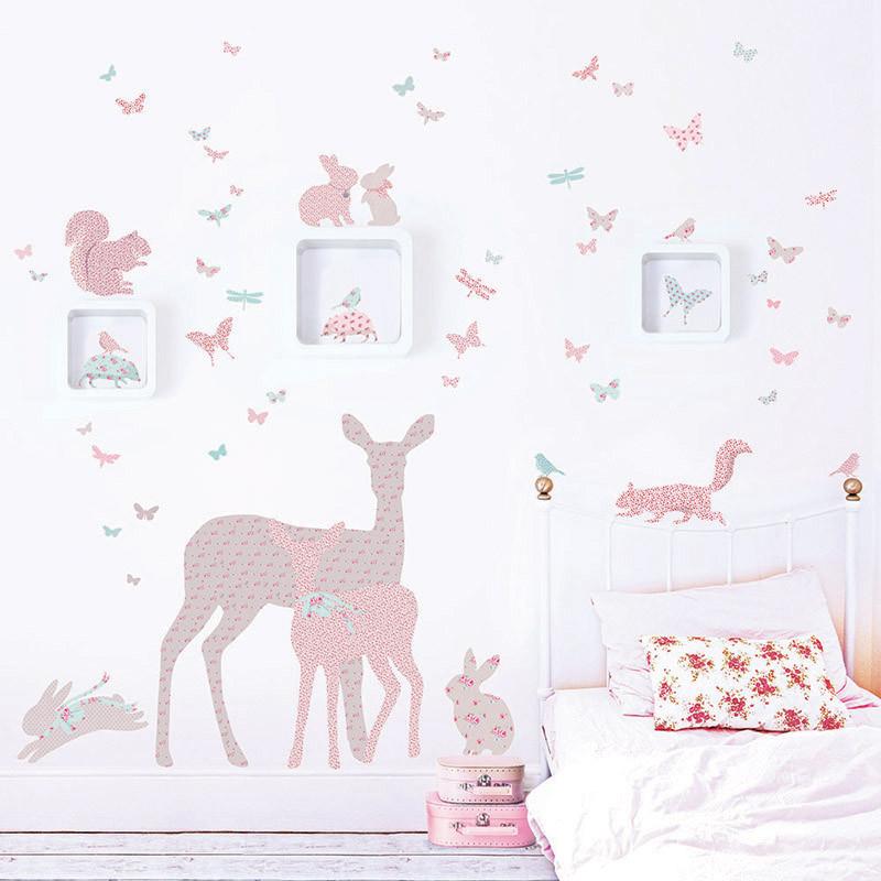 Deer, Fawn and Woodland Animals Wall Sticker in Vintage Floral