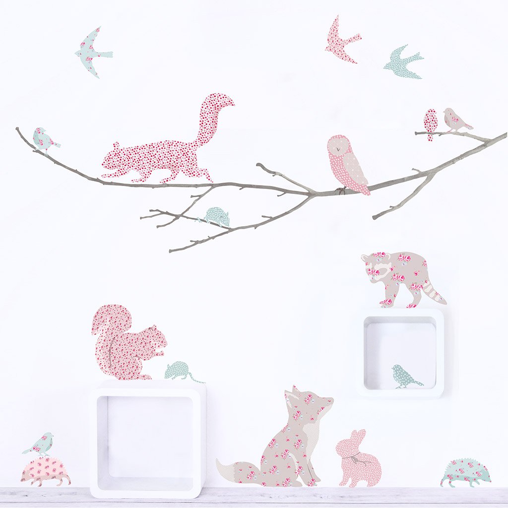 Woodland Animals on Branch Wall Sticker in Vintage Floral