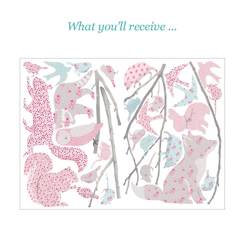 Woodland Animals on Branch Wall Sticker in Vintage Floral